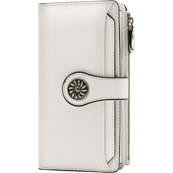 Luxury RFID Women's Wool Leather Vintage Tri-fold Wallet Beige Compact